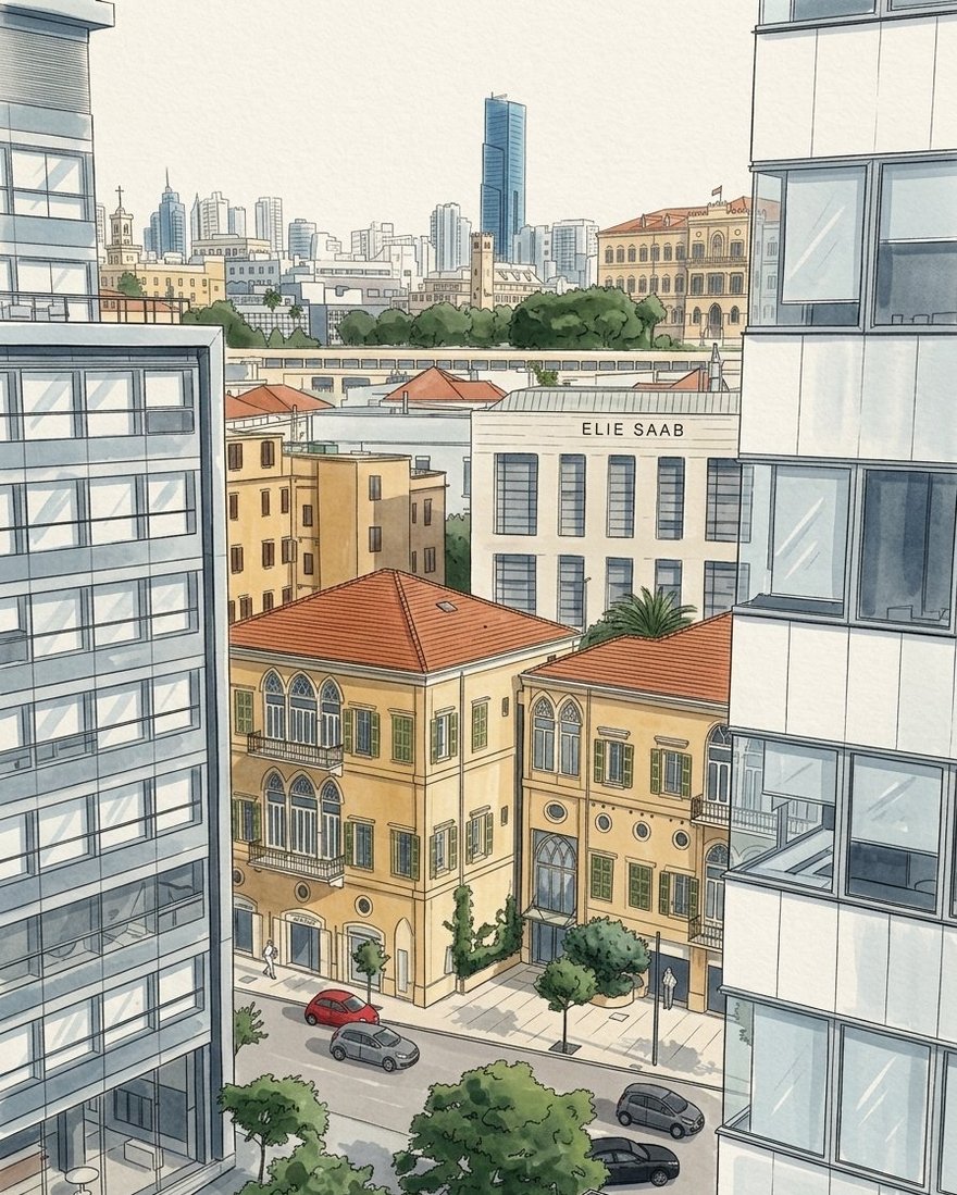 Central Beirut: Ottoman stone houses framed by modern glass towers, illustration